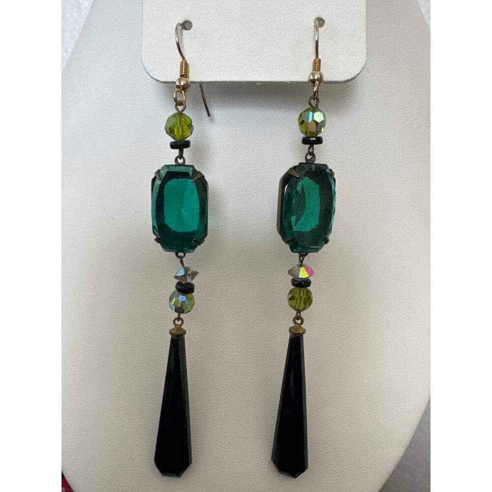 1990s–2000s Teal Glass & Onyx-Style Drop Earrings - Picture 6 of 11
